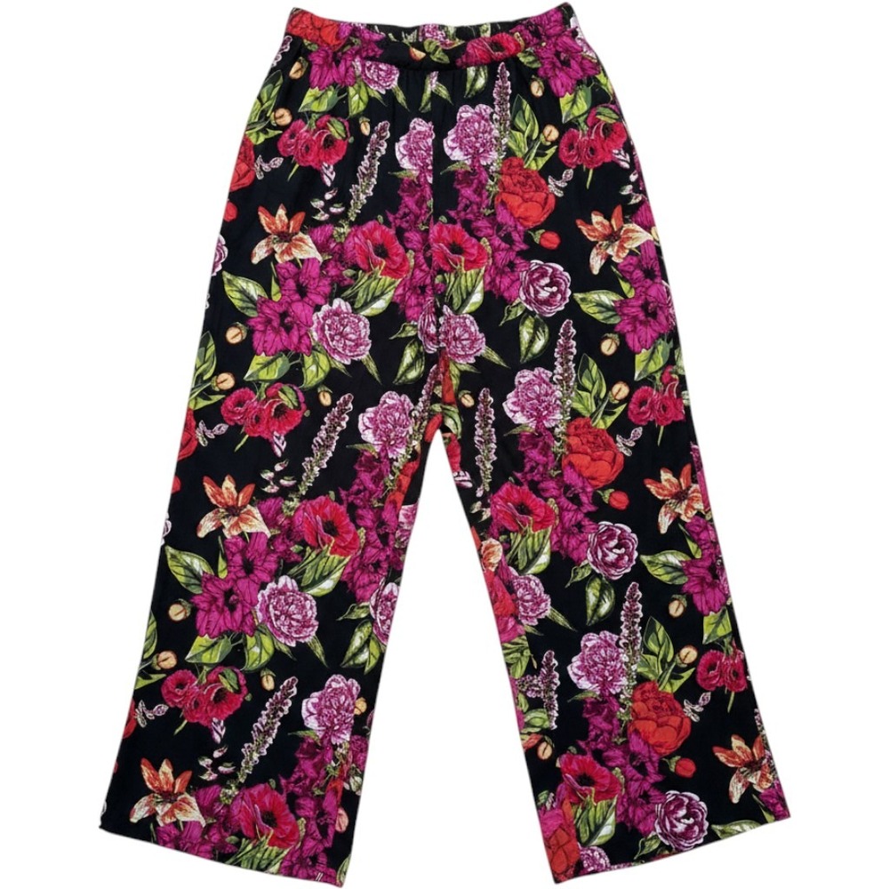 New York & Company Floral Wide Leg Palazzo Pants XXL Black Pink High Rise Flowy